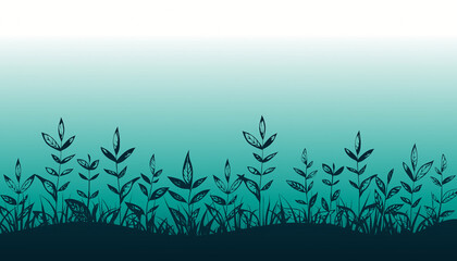 Artistic-illustration of vibrant hand-drawn botanical silhouettes creating a serene landscape – tranquil natural growth against a soft gradient sky