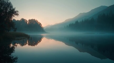 Tranquil mountain lake ripples at dawn, a serene escape with mist rising and reflecting the soft light, promising a calming, scenic travel adventure - Powered by Adobe