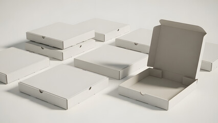 Collection of blank white pizza boxes, open and closed, ideal for restaurant branding, food delivery, and packaging mockups.