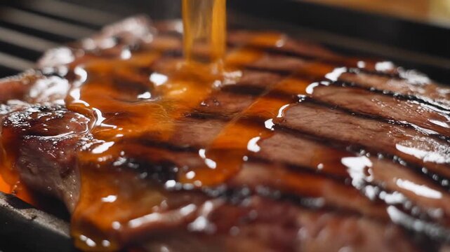 Grilled steak basted with thick savory sauce during cooking.
