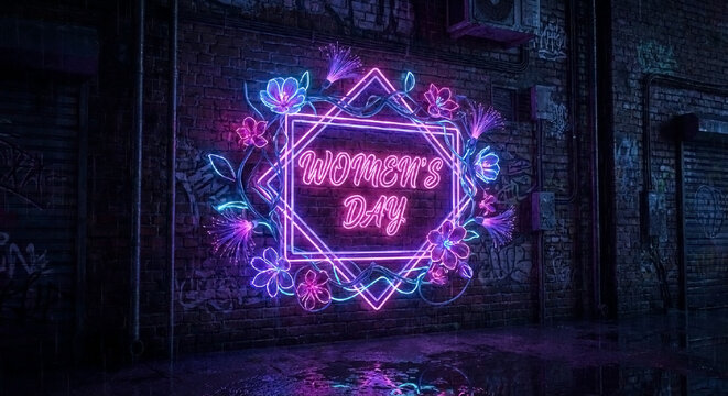A glowing neon sign on a brick wall that says 'Women's Day'.