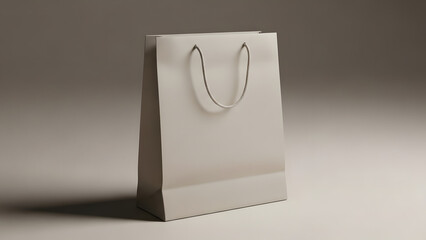 Simple off-white paper shopping bag with rope handles, standing on a neutral background, perfect for branding and retail mockups.