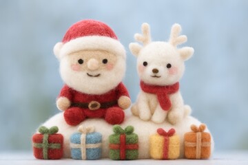 Felted Santa Claus and reindeer figurines sit above a row of colorful wrapped Christmas gifts.