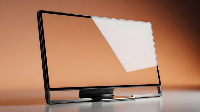 Modern minimalist computer monitor with a blank screen and transparent stand, illuminated by spotlights, ideal for technology mockups.