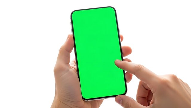 Hand using smartphone with green screen for content insertion.