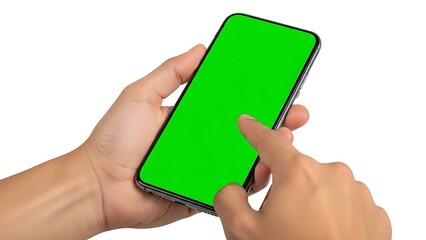 Person holding a smartphone with a green screen for chroma keying.