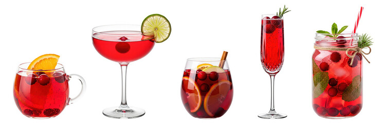 festive red cranberry cocktails isolated: sparkling punch, cosmopolitan, sangria, mimosa, mocktail fizz
