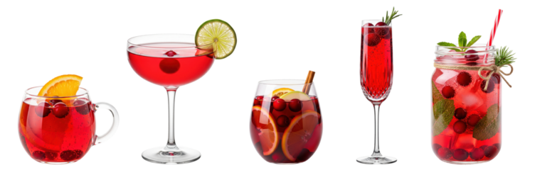 festive red cranberry cocktails isolated: sparkling punch, cosmopolitan, sangria, mimosa, mocktail fizz