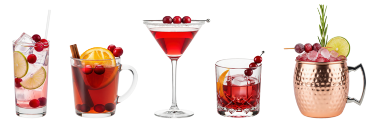festive cranberry holiday cocktails isolated: gin and tonic,  hot spiced toddy,  frosted martini, old fashioned, moscow mule