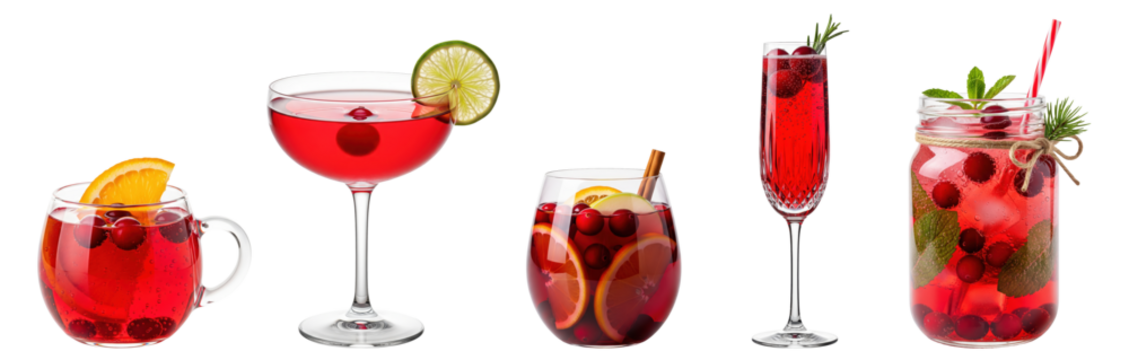 festive red cranberry cocktails isolated: sparkling punch, cosmopolitan, sangria, mimosa, mocktail fizz - Powered by Adobe