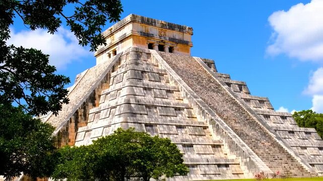 A towering, ancient pyramid structure against a vibrant blue sky, framed by lush foliage
