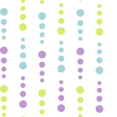 Brightly colored dots in shades of blue, green, and purple form a fun, vertical pattern against a clean white background.