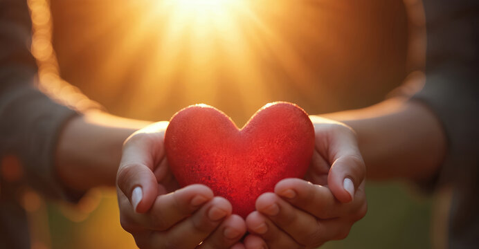 Hands cradle red heart symbol against warm, glowing sunburst background. This visual conveys themes of love, care, giving. It represents kindness, support offered through donation or compassion.