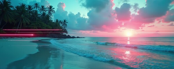 Digital art beach scene with neon pink lines and teal ocean waves under a pink and teal cloudy sky. Palm trees on a dark green island shore.
