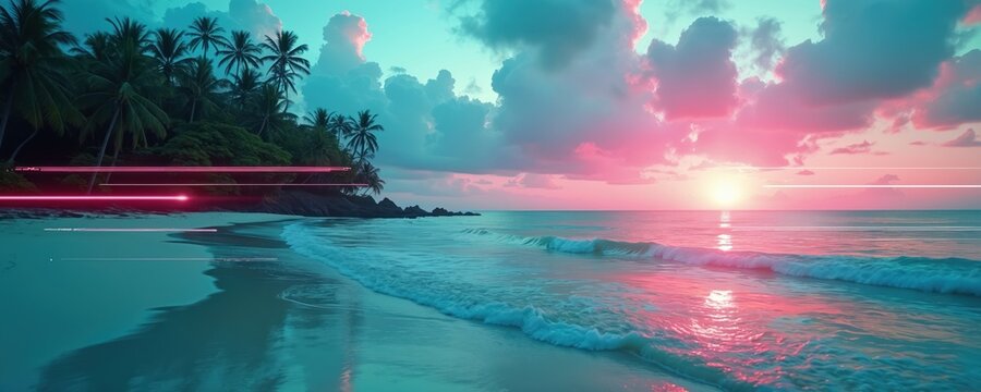 Digital art beach scene with neon pink lines and teal ocean waves under a pink and teal cloudy sky. Palm trees on a dark green island shore.