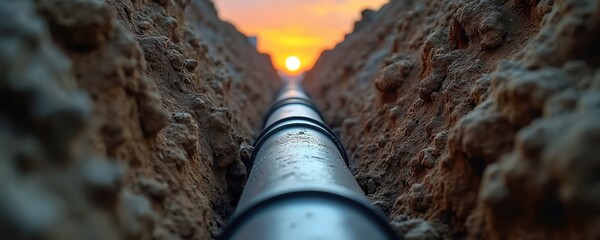 Large pipe laid in excavated dirt trench. Construction project ongoing at sunset. Infrastructure development underground. Earthwork progress and civil engineering.