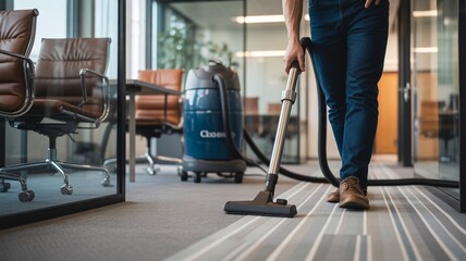 Professional cleaning service vacuuming office carpet for a fresh, productive workspace vibe