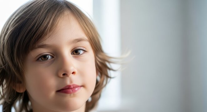 Young boy with chapped lips looking thoughtfully indoors  