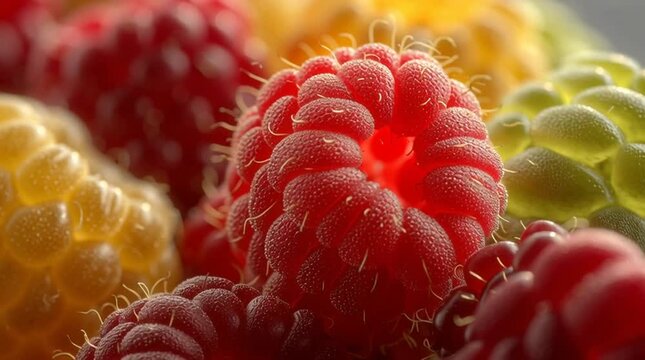 A visually appealing macro shot of fresh and juicy raspberries, highlighting their texture
