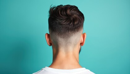 Young man shows off sharp fade haircut. Dark hair styled with texture on top. Clean taper in neck nape area. Background is solid turquoise color.