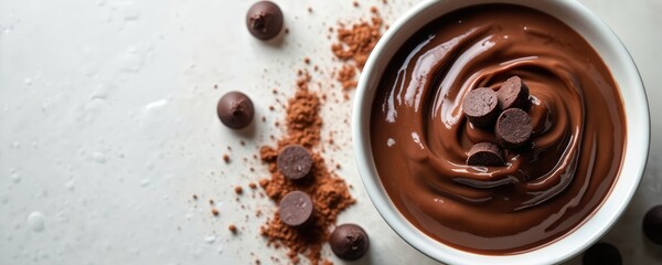 White bowl filled with smooth liquid dark chocolate sauce swirled beautifully with chocolate chips on top. Cocoa powder and more chips scatter around.