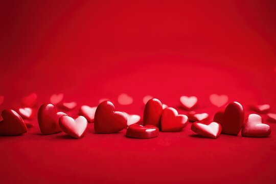 Red heart shaped decorations scattered on red background symbolizing love romance and Valentine theme with glossy hearts creating a romantic mood