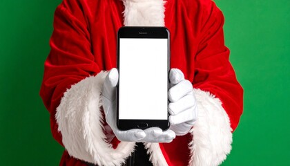 Santa Gloved Hands Holding Smartphone with Blank Screen on Vibrant Green Holiday Background
