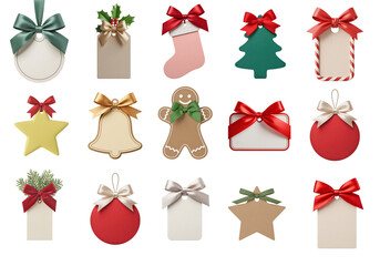 Christmas gift tag collection with festive shapes ribbons bows and decorative holiday elements arranged as isolated clipart on transparent background for seasonal design use