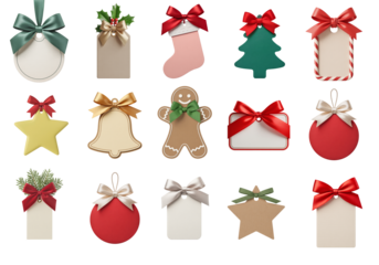 Christmas gift tag collection with festive shapes ribbons bows and decorative holiday elements arranged as isolated clipart on transparent background for seasonal design use