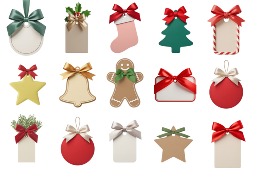 Christmas gift tag collection with festive shapes ribbons bows and decorative holiday elements arranged as isolated clipart on transparent background for seasonal design use - Powered by Adobe