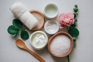 Skincare spa beauty products with rose and bath salt