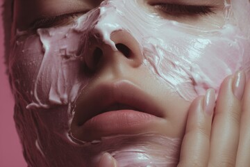 Woman applying pink facial mask for skincare routine