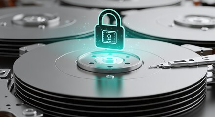 Advanced digital data protection and cybersecurity concept showcasing secure information storage with a glowing padlock icon on multiple hard drives, emphasizing privacy