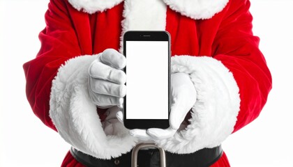 Santa Gloved Hands Holding Smartphone with Blank Screen on White  Background
