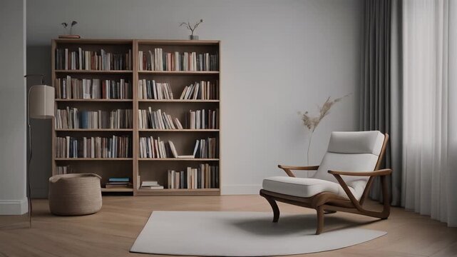 Cozy reading room with bookshelf and chair.
