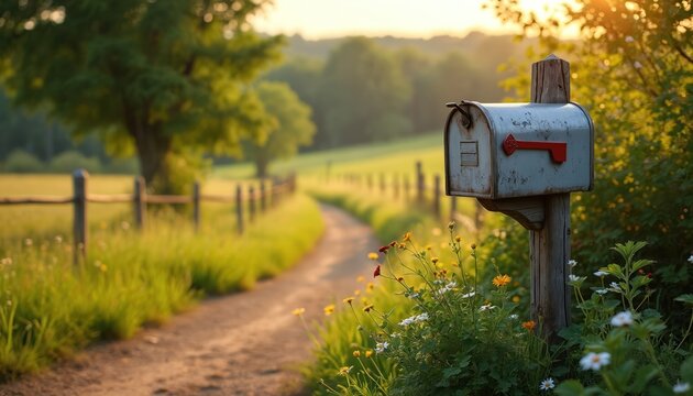 Rustic metal mailbox stands by winding dirt path through green meadow. Wildflowers bloom near weathered post. Wooden fence lines grassy lane toward distant trees under soft sunset light. Rural