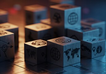 Stacked Cubes with World Map and Globe Icons, Conceptualizing Global Business Strategy, Networking, and International Trade