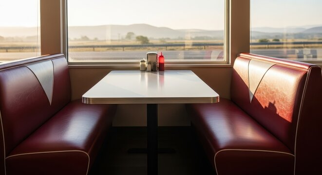 Empty booth in highway cafe with red seating and mountain view