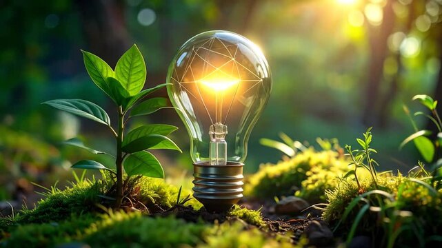 Eco-friendly energy concept: lightbulb within a verdant setting of green plants