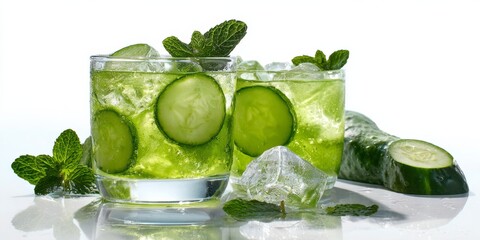 Fresh cucumber mint summer beverage with ice