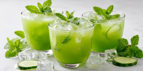 Refreshing cucumber mint lemonade drinks with ice