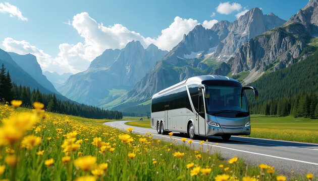 Tourist bus on scenic route. Modern passenger vehicle travels through picturesque landscape with mountains in background. Journey adventure begins with comfortable coach ride. Travel vacation. - Powered by Adobe