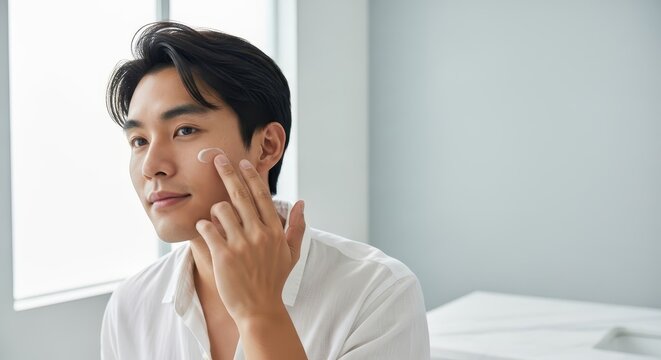 Young Asian man applying cream to his face in bright bathroom  
