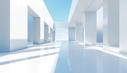 Obraz premium Bright, minimalist white architectural space with pillars, reflective floor, and blue sky overhead.