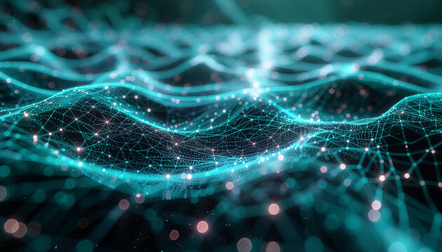 Abstract digital network with glowing blue lines and interconnected nodes, representing data flow and technological connections.