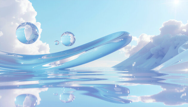 A serene abstract landscape featuring a flowing blue liquid form, reflective water, floating Earth spheres, and soft clouds. - Powered by Adobe