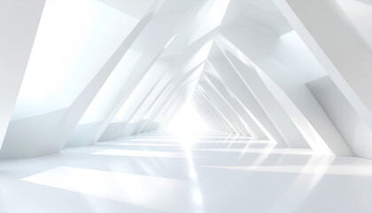Bright white futuristic architectural corridor with strong geometric lines and a sense of depth leading to light.