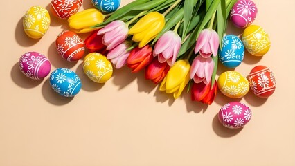 Vertical top view of colorful Easter eggs and tulips on pastel beige background with copy space, spring holiday decoration concept