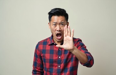 Asian man with open mouth and hand raised makes talking gesture. Person shows annoyed face, looking at camera, gesturing loudly, expressing frustration, over talkative.