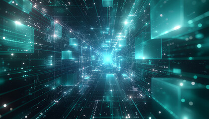 Abstract digital tunnel with glowing blue cubes and particles representing data flow and technology.